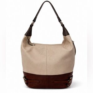 B Makowsky Pebbled Leather Colorblock Hobo Shoulder Bag Cream Brown Slouchy